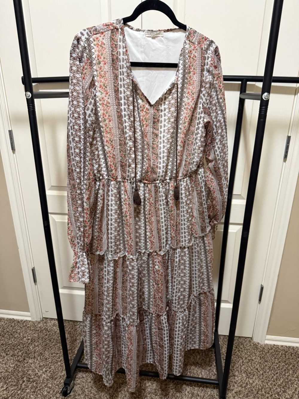 indigo soul Boho Maxi Dress in Cream and Brown Floral Stripe
